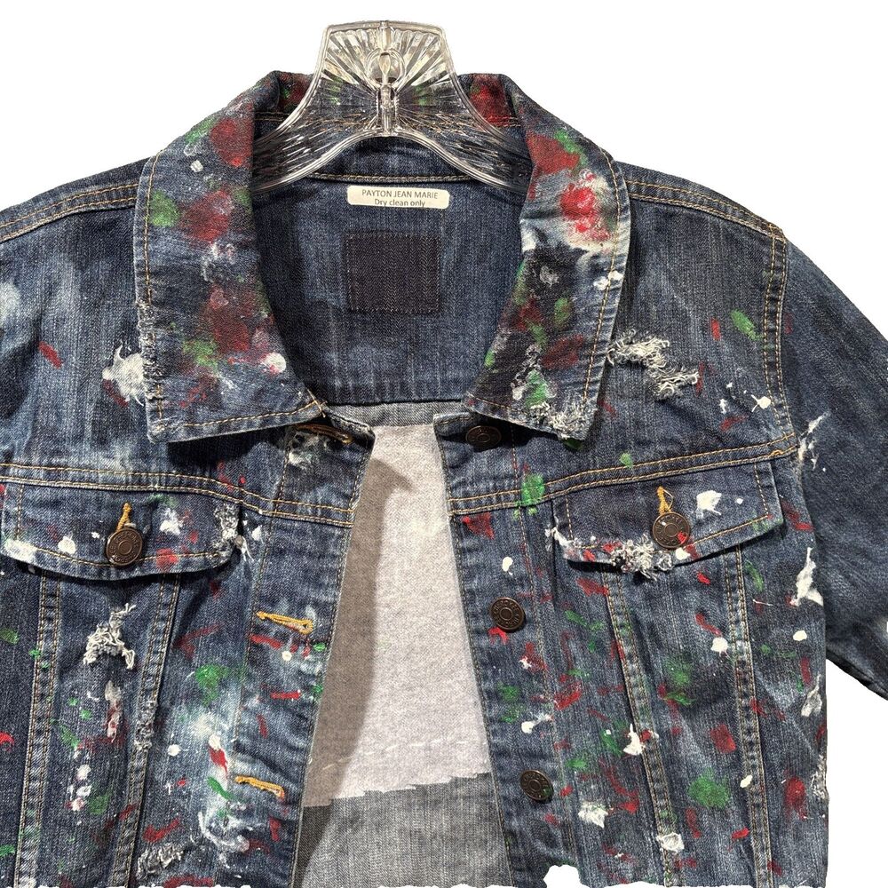 Jean Jacket Hand Painted Embellished Miami Cityscape Pocket One of A Kind - Picture 4 of 16
